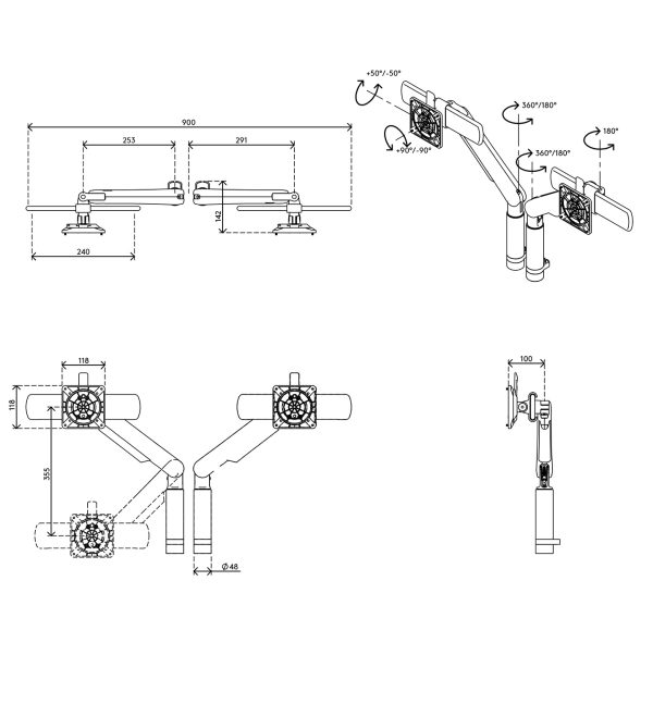 Braço de monitor duplo (8,5kg) - Altura, lateral, profundidade dinâmica e independente - Mesa
