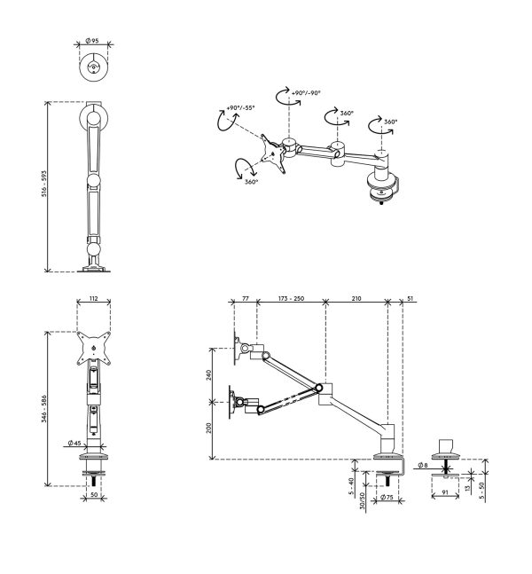 Braço de monitor inox (8kg) - Altura dinâmica e profundidade independente - Mesa